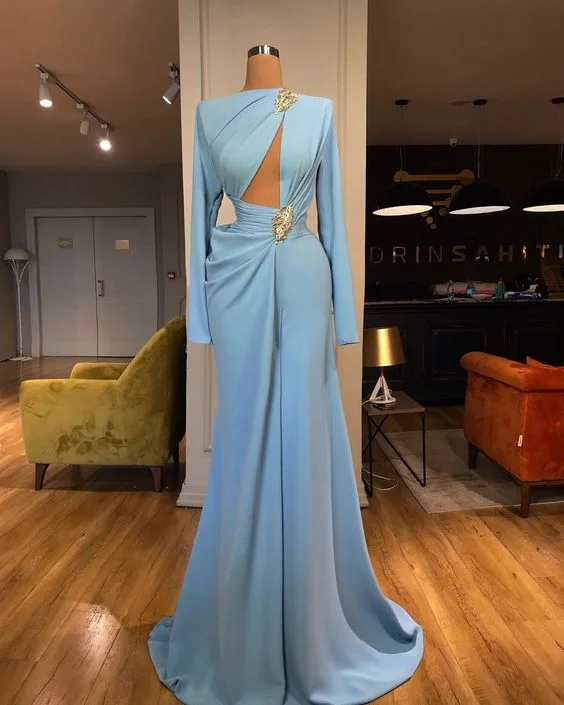 Loyalty Reward Long Sleeve Prom Dresses, Arabic Prom Dresses, Side Slit Prom Dresses,DS4737