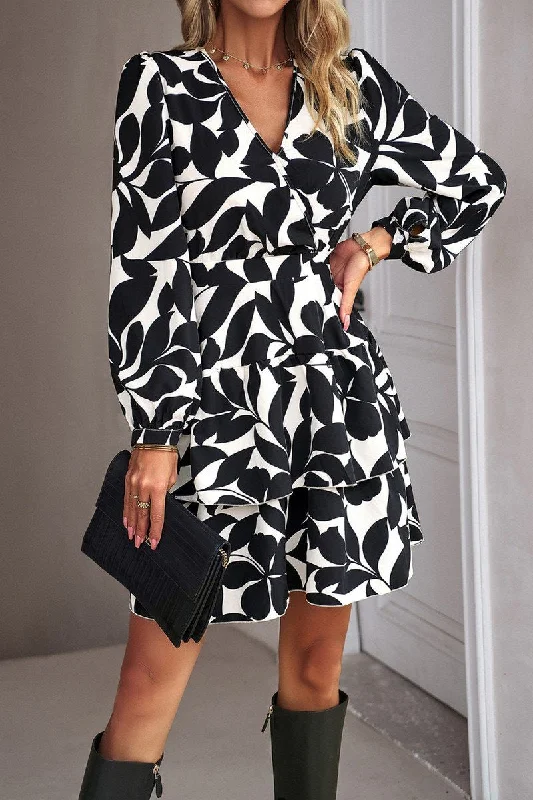 Inventory Reduction WOMEN WRAP STYLE PATTERNED LONG SLEEVE CAKE DRESS
