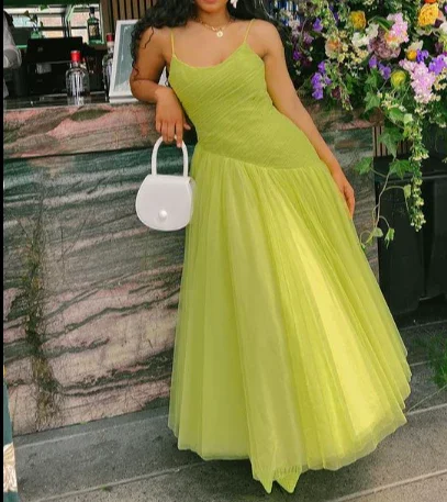 Steals and Deals Green Spaghetti Straps A-Line Tulle Long Party Dress,DP1959