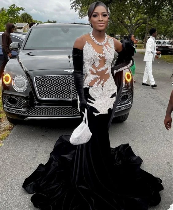 Incredible Offers Black Girl Luxurious Mermaid Sexy Evening Dresses Velvet Prom Dresses with Gloves,BL18612