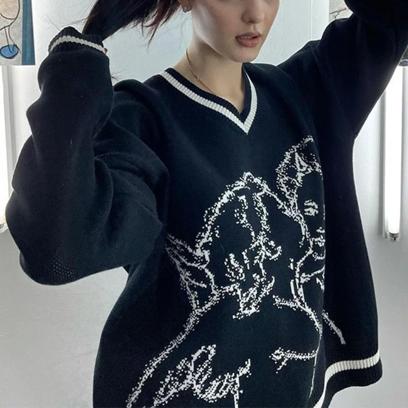 Deep Discounts Awakecrm Joskka Autumn Winter Y2K Vintage Angel Print Sweaters Women V Neck Gothic Harajuku Casual Oversize Knitted Pullovers Deep Discounts Awakecrm Joskka Autumn Winter Y2K Vintage Angel Print Sweaters Women V Neck Gothic Harajuku Casual Oversize Knitted Pullovers