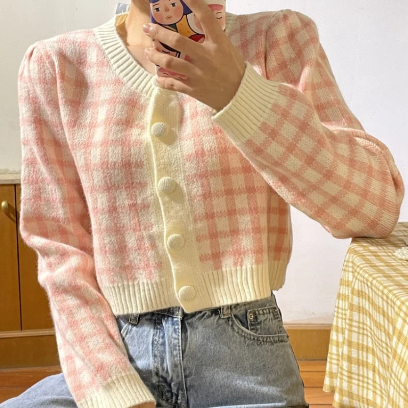 Discount Extravaganza Awakecrm Christmas Gift JMPRS Fashion Plaid Women Cardigans Sweater Casual O Neck Autumn Long Sleeve Cropped Knitted Jacket Korean Button Female Coat Discount Extravaganza Awakecrm Christmas Gift JMPRS Fashion Plaid Women Cardigans Sweater Casual O Neck Autumn Long Sleeve Cropped Knitted Jacket Korean Button Female Coat