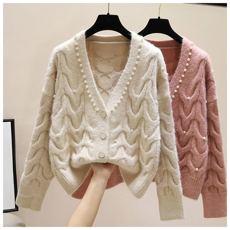 Price Meltdown Awakecrm Christmas Gift JMPRS Sweet Pearl Knitted Cardigan Sweaters Elegant Thick  Women Loose Casual Sweater Coat Cute V Neck Single Breasted Jacket
