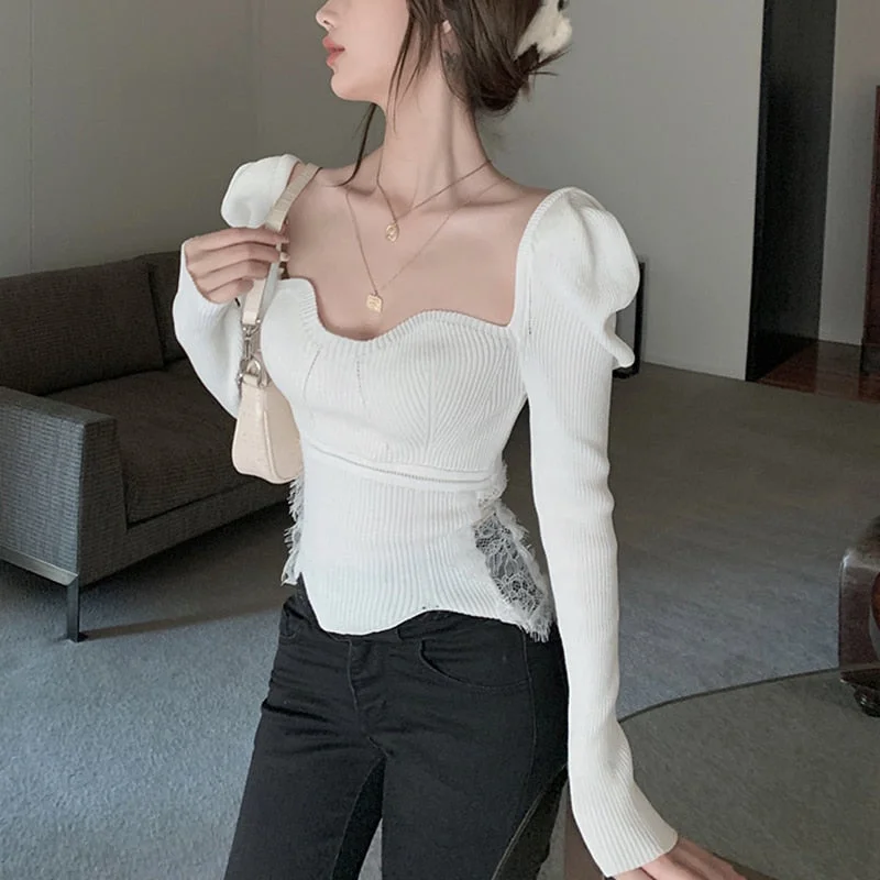 Great Bargains Awakecrm Christmas Gift Korean White Sweaters Women Winter Clothing Lace Patchwork Sweater Square Collar Puff Sleeve Women's Sweaters Pullover Jumper Great Bargains Awakecrm Christmas Gift Korean White Sweaters Women Winter Clothing Lace Patchwork Sweater Square Collar Puff Sleeve Women's Sweaters Pullover Jumper