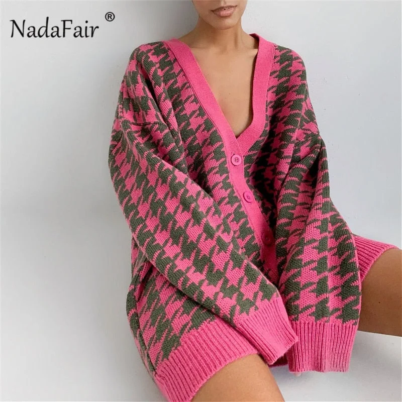 Great Deals Awakecrm Christmas Gift Nadafair Houndstooth Winter Cardigans for Women Knitted Warm Vintage V-neck Sweater Autumn Loose Long Oversized Cardigans Great Deals Awakecrm Christmas Gift Nadafair Houndstooth Winter Cardigans for Women Knitted Warm Vintage V-neck Sweater Autumn Loose Long Oversized Cardigans