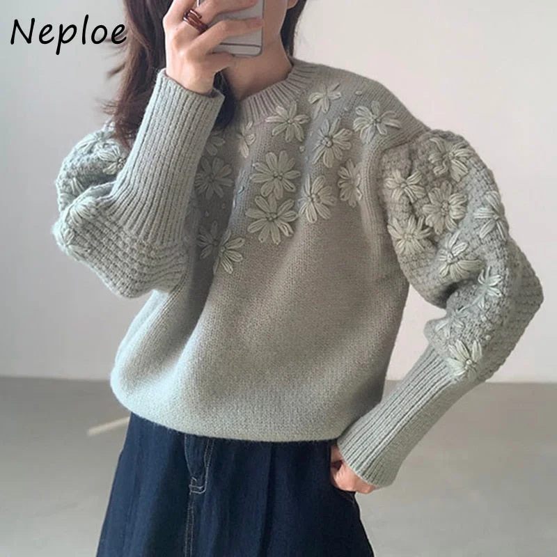 Price Slash Awakecrm Christmas Gift Retro Round Neck Woman Sweaters Three-dimensional Embroidery Floral Sweater Loose Casual Lantern Sleeve Knitted Pullover Price Slash Awakecrm Christmas Gift Retro Round Neck Woman Sweaters Three-dimensional Embroidery Floral Sweater Loose Casual Lantern Sleeve Knitted Pullover