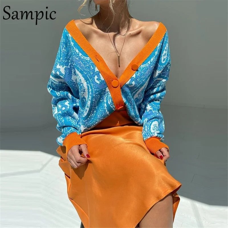 Savings Galore Awakecrm Christmas Gift Sampic Casual Fashion Patchwork Tie Dye Print Cardigans Winter Women Knitted Oversized V Neck Long Sweater Jumpers Tops