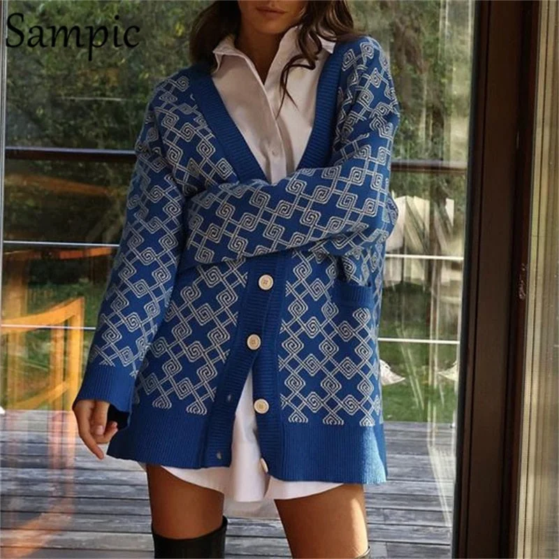 Quick Sale Awakecrm Christmas Gift Sampic Chic Y2K Plaid Pull Knitted Cardigans Women Autumn Winter  Casual Long Sleeve Green Print Patchwork Sweater Coat Tops