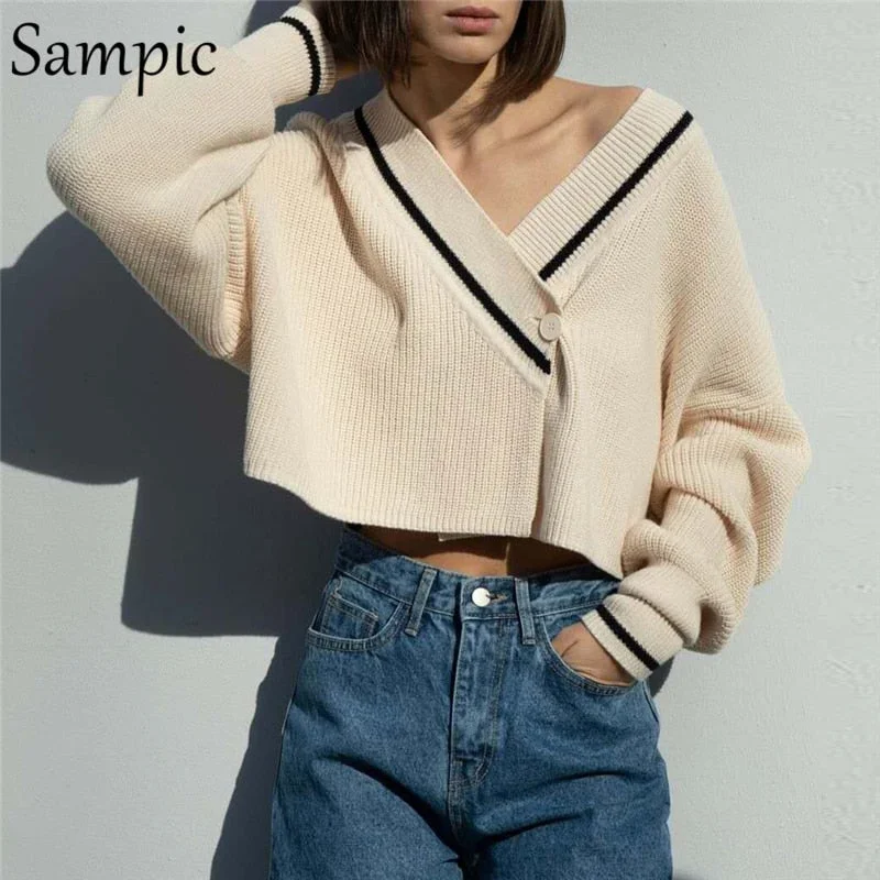Price Rollback Awakecrm Christmas Gift Sampic Fashion Sexy Women Korean Preppy Style Knitted Cardigans Sweater Tops Autumn Beige Basic Cropped Sweater Jumpers Outwear