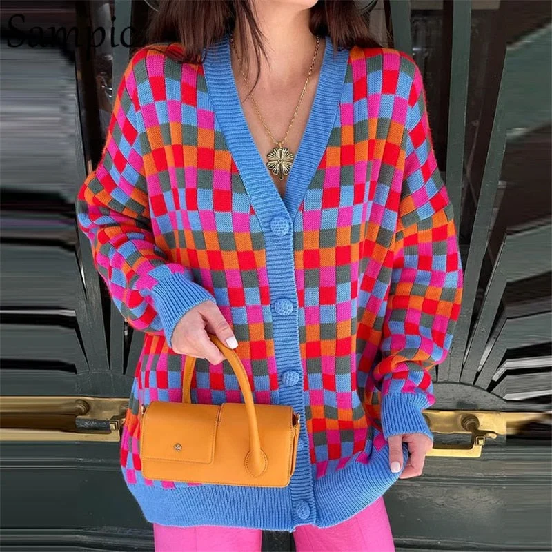 New Deals Awakecrm Christmas Gift Sampic Fashion Y2K  Women Loose Winter Basic V Neck Oversized Knitwear Cardigans Knitted Plaid Sweater Cardigans Tops