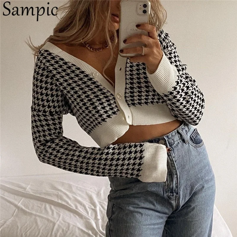Price Cut Awakecrm Christmas Gift Sampic Houndstooth Sexy Long Sleeve Knitted Sweater Cardigan Women Fashion Casual Beige V Neck Sweaters Ladies Autumn Winter 202
