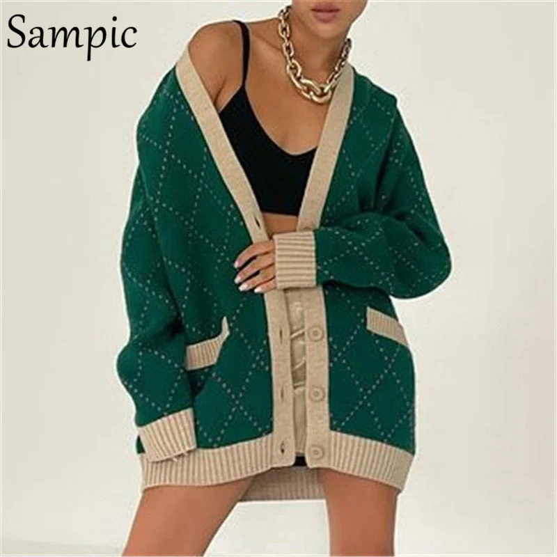 Steals and Deals Awakecrm Christmas Gift Sampic Loose Argyle Green Winter Women Cardigans  V Neck Casual Knitted Oversized Long Sleeve Y2K Sweater Fashion Basic Tops