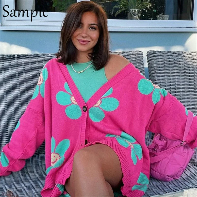 Sale Event Awakecrm Christmas Gift Sampic Loose Oversized Cardigans Women Winter Knitted Casual Y2K Sweater Long Sleeve Floral Cardigans  Korean Fashion Style