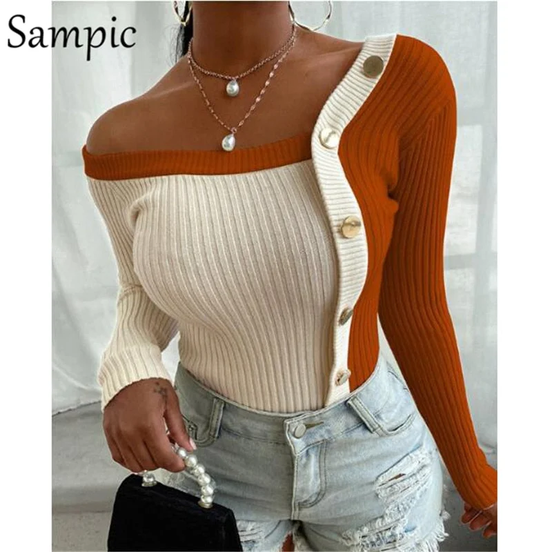 Major Savings Awakecrm Christmas Gift Sampic Sexy Women Buttons Patchwork White Knitted Jumper Sweaters Long Sleeve Off Shoulder Thin Skinny Autumn  Basic Tops