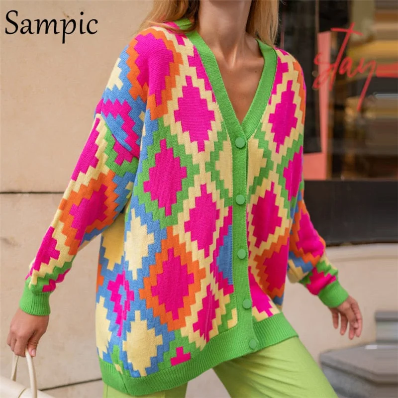 Special Discount Awakecrm Christmas Gift Sampic Winter Women Basic V Neck Oversized Knitwear Argyle Cardigans Green  Autumn Fashion Y2K Knitted Sweater Cardigans