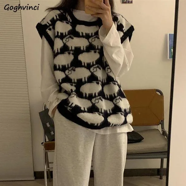 Act Fast Awakecrm Christmas Gift Sweater Vest Women Cartoon-sheep O-neck Korean-style Loose Leisure All-match Female Sweaters Autumn-winter Outwear Oversize Chic Act Fast Awakecrm Christmas Gift Sweater Vest Women Cartoon-sheep O-neck Korean-style Loose Leisure All-match Female Sweaters Autumn-winter Outwear Oversize Chic