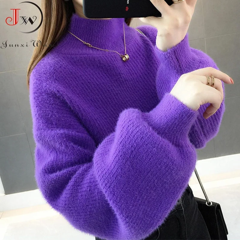 Buy More, Save More Awakecrm Christmas Gift Thick Mohair Women Sweaters Turtleneck Soft Lantern Sleeve Short Pullovers Fashion Autumn Winter Sweater Solid Women Jumpers
