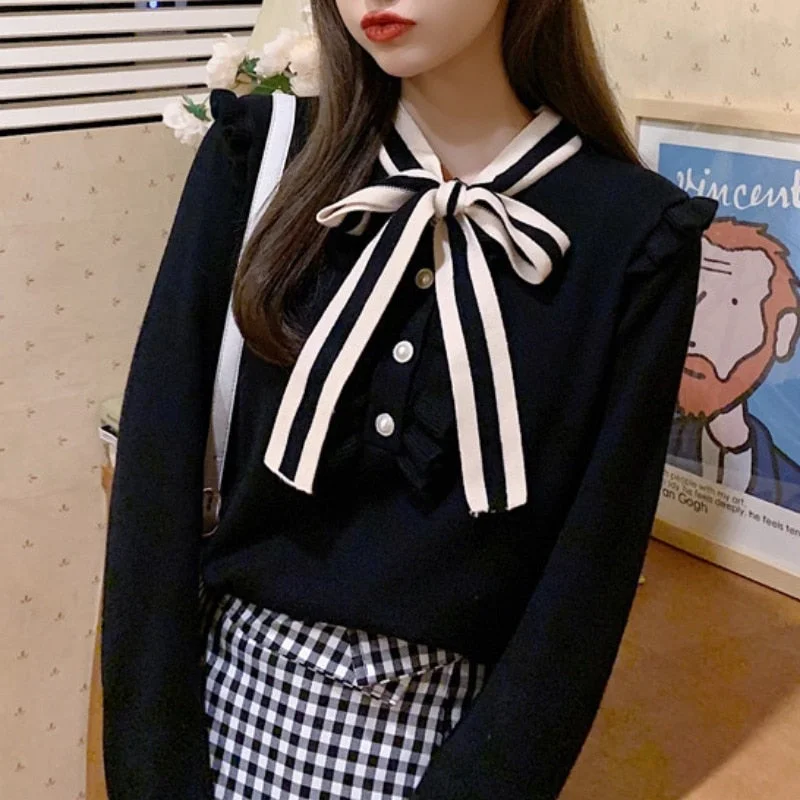 Incredible Offers Awakecrm Christmas Gift Vintage Korean Bow Sweater Women Autumn Winter Long Sleeve Pullover Ruffles Sweaters Contrast Color knitted sweater pull femme Incredible Offers Awakecrm Christmas Gift Vintage Korean Bow Sweater Women Autumn Winter Long Sleeve Pullover Ruffles Sweaters Contrast Color knitted sweater pull femme
