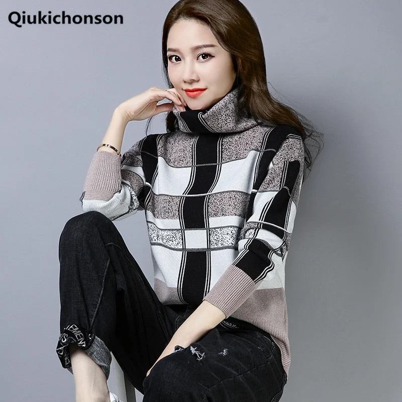 Best Deals Awakecrm Christmas Gift Vintage Plaid Turtleneck Sweater Women Autumn Winter Contrast Color Elegant Pullover Sweaters Knitted Jumpers golf sweter