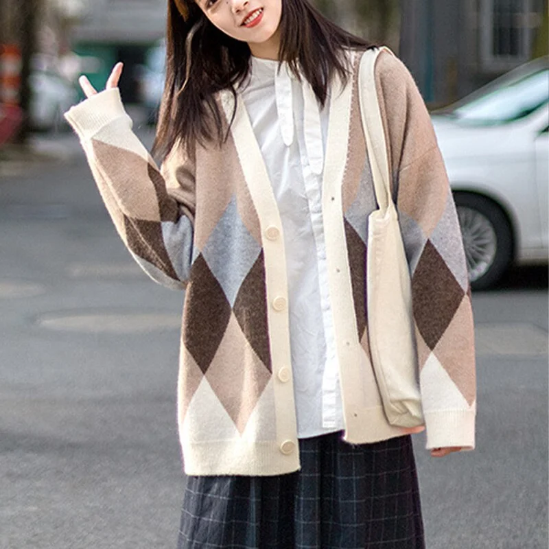 Deal Mania Awakecrm Christmas Gift Women Loose V-neck Knitted Cardigan Sweater Korean Single-breasted Pockets Outerwear Tops Harajuku Plaid Print Sweaters Top Deal Mania Awakecrm Christmas Gift Women Loose V-neck Knitted Cardigan Sweater Korean Single-breasted Pockets Outerwear Tops Harajuku Plaid Print Sweaters Top
