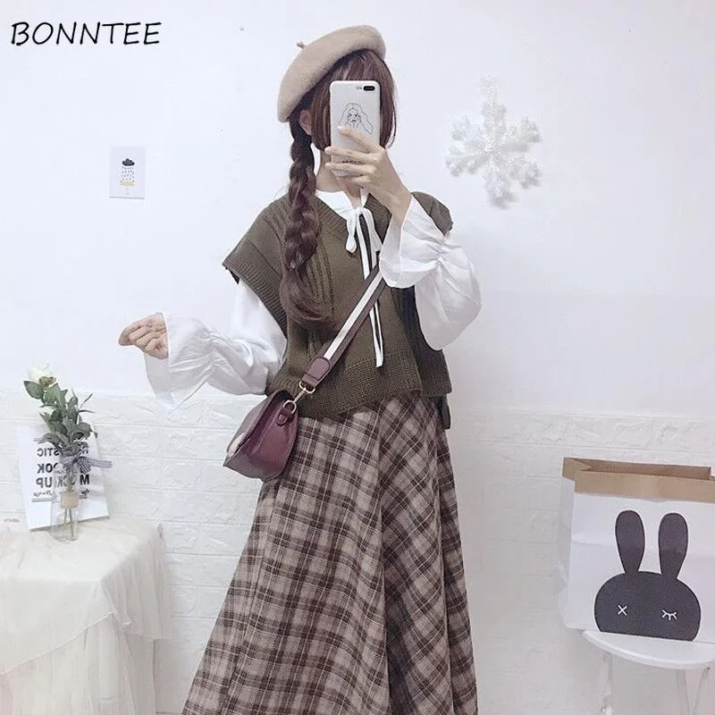 YEAR-End Clearance Awakecrm Christmas Gift Women Sets 3PCS Ruffles Bow Shirts Elegant Vest Knitter Sweaters Plaid Skirts Female Sweet Korean Preppy Style Loose Streetwear