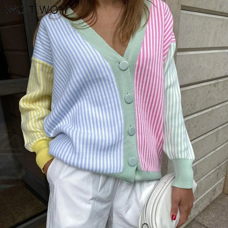 Hurry In Awakecrm Christmas Gift WOTWOY Rainbow Striped V-neck Cropped Cardigan Women Single-breasted Oversized Knitted Sweater Female Kimono Cardigans Knit Tops Hurry In Awakecrm Christmas Gift WOTWOY Rainbow Striped V-neck Cropped Cardigan Women Single-breasted Oversized Knitted Sweater Female Kimono Cardigans Knit Tops