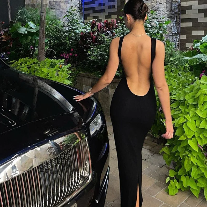 Can't Miss Awakecrm Dress  Women's New Fashion Sexy Backless Slim Round Neck Sleeveless Slit Dress Wedding Prom Party Evening Prestigious Guest