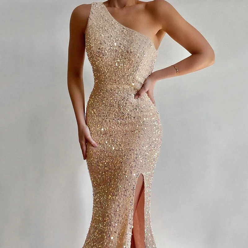 Closeout Awakecrm Elegant Party Sequin Long Dress Sleeveless Split Bodycon Bling One Shoulder Strap Dress Party New Year