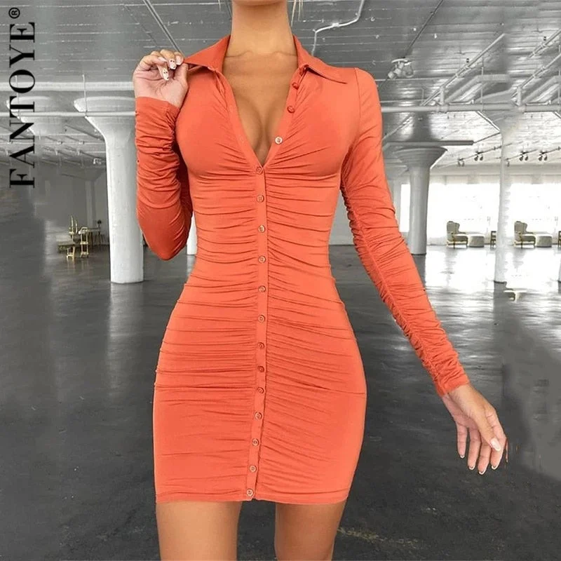 Bargain Prices Awakecrm Turn-down Collar Ruched Women Dress Orange Sexy Single Breasted Long Sleeve Mini Dresses Ladies Summer Skinny Streetwear Bargain Prices Awakecrm Turn-down Collar Ruched Women Dress Orange Sexy Single Breasted Long Sleeve Mini Dresses Ladies Summer Skinny Streetwear