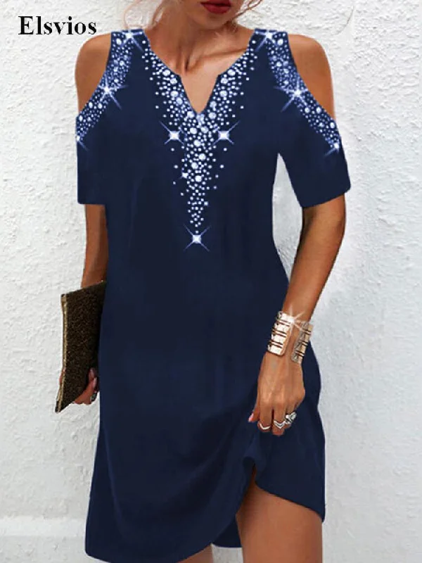 Lowest Price Office Lady Casual Short Sleeve Mini Dress Fashion Shiny Print V Neck Party Dress Sexy Off Shoulder Women Pullover Loose Dresses