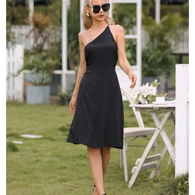 Exclusive Savings Awakecrm One Shoulder Sling Dresses Sleeveless Casual Solid Elegant Sexy Slip Dress Black Slit Mini Fashion Women's Clothes  Summer