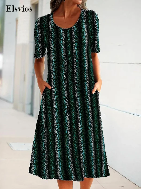 Markdowns Summer O Neck Pullover Office Dress Lady Casual Pocket Short Sleeve Loose Dress Women Retro Print Mini Party Dress Vestidos