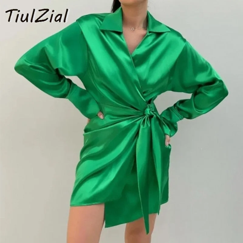 Overstock Awakecrm Green Long Sleeve Mini Satin Dress Nothed Lace Up Bandage Wrap Summer Dress High Waist Casual Shirt Dresses Women Blue