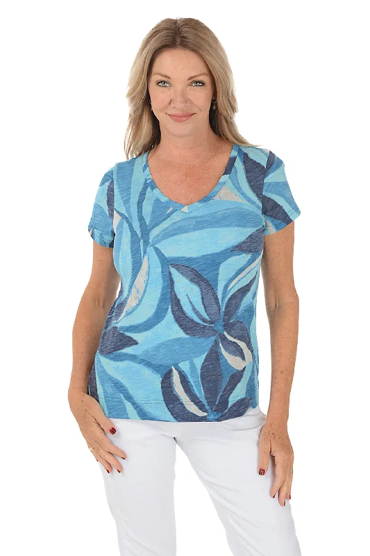Price Cut Lapis Swirling Petals V-Neck Tee