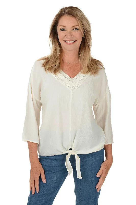 Great Deals Keep It Natural Crochet Neck Gauze Blouse