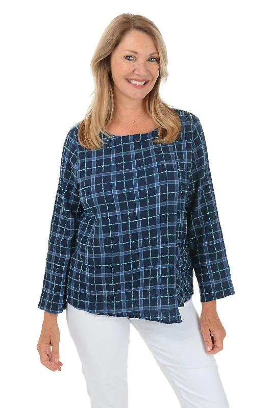 Bonus Savings Windowpane Plaid Asymmetrical Blouse