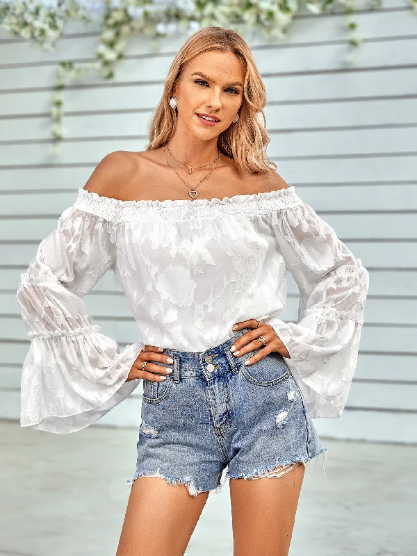 Crazy Deals Applique Flounce Sleeve Off-Shoulder Blouse