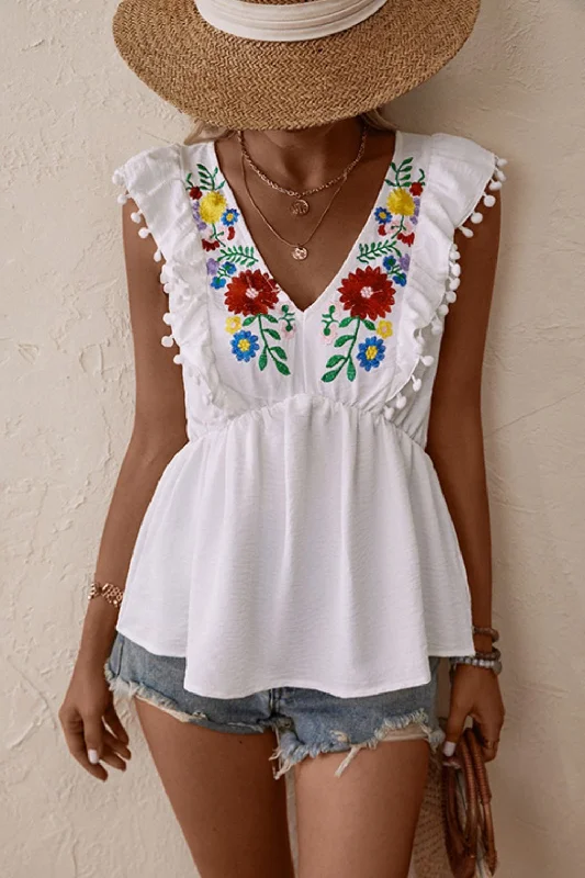 Value Deals Embroidered Pom-Pom Trim Cap Sleeve Babydoll Top