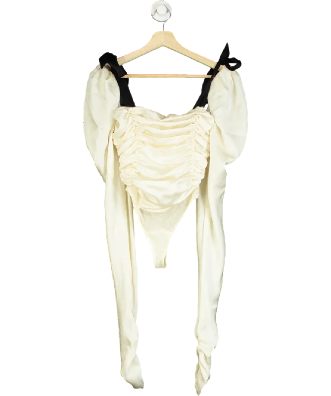 Exclusive Preview House of CB Cream Ruched Body Suit With Long Puff Sleeve Arms UK XS