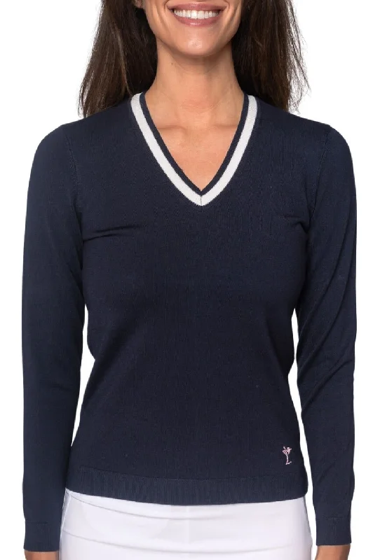 Discount Deals Navy/White Stretch V-Neck Sweater