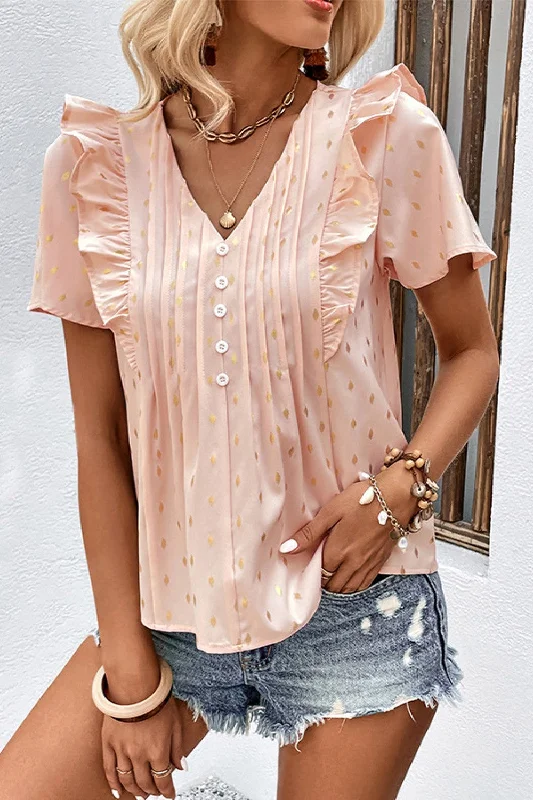 Bargain Prices Printed Ruffle Trim Pleated Detail Blouse