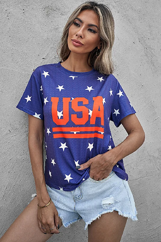 Limited Time USA Star Print Round Neck T-Shirt
