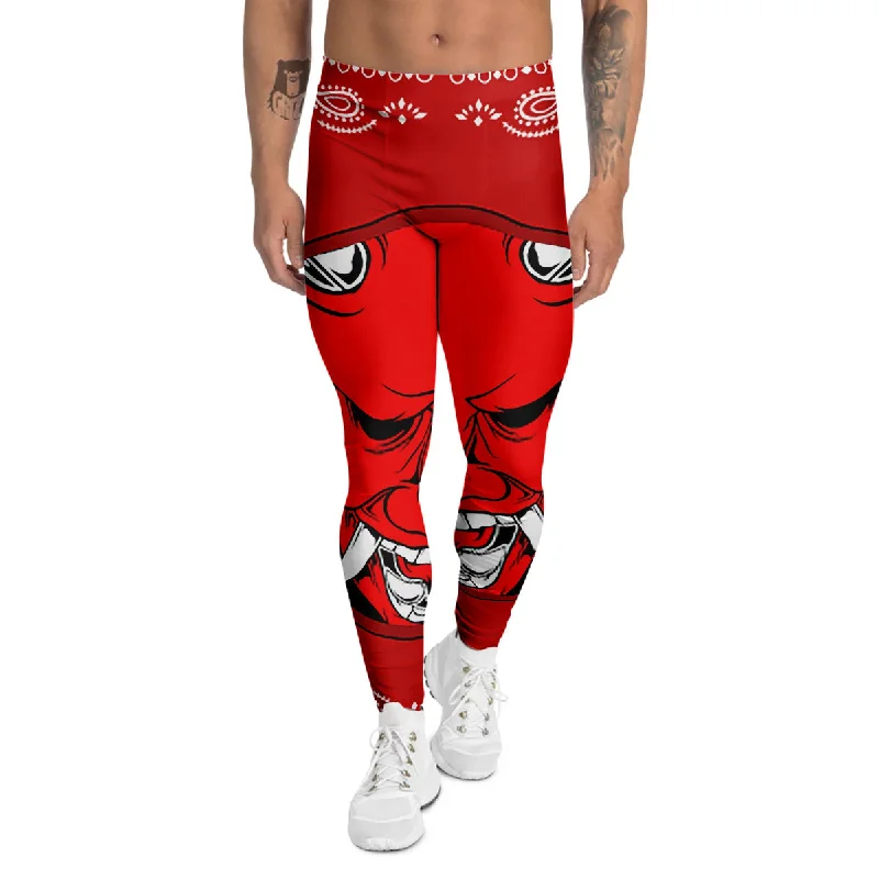 Final Clearance Bandana Red Hannya Demon Print Men's Leggings