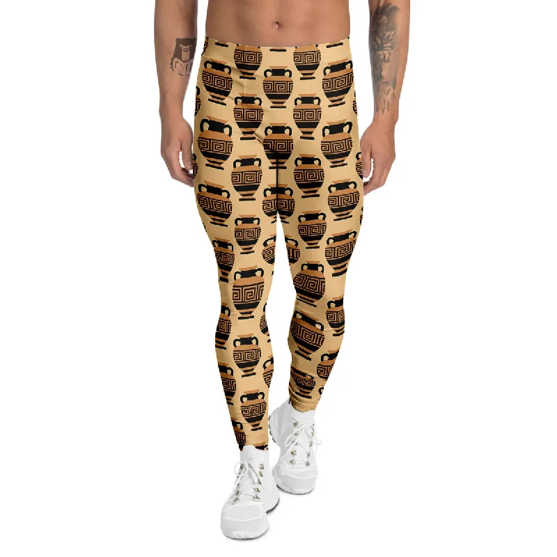 Clearance Items Beige Amphora Greek Print Pattern Men's Leggings