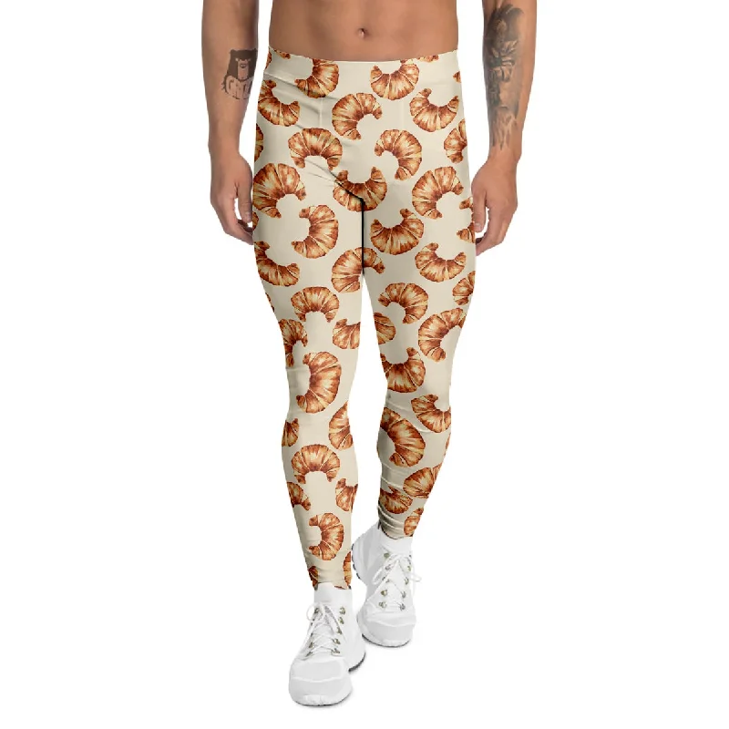Weekend Deal Beige Croissant Watercolor Print Pattern Men's Leggings