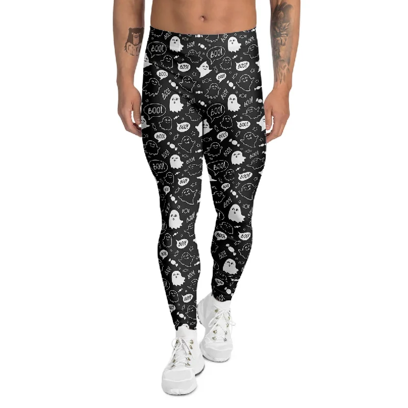 Overstock Sale Black And White Ghost Boo Print Pattern Men's Leggings