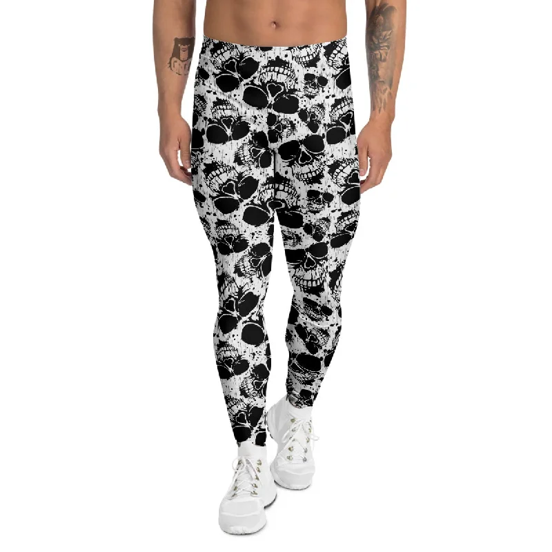 Inventory Reduction Black And White Skull Grunge Print Pattern Men's Leggings
