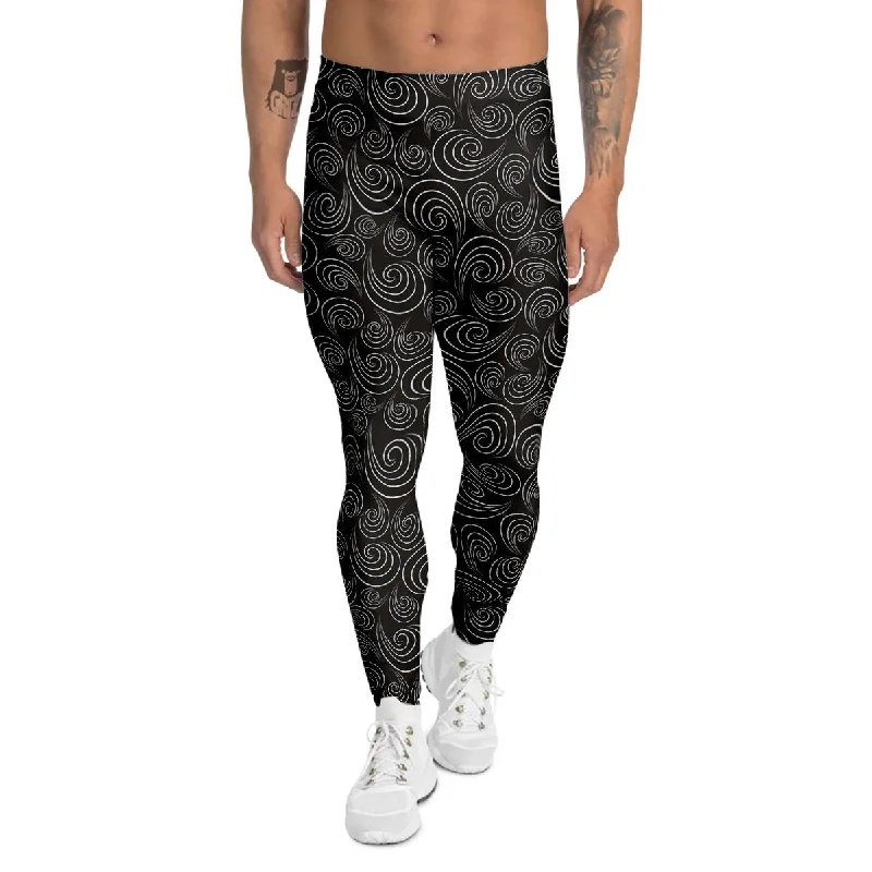 Special Offer Black Spiral Wave Print Pattern Men's Leggings