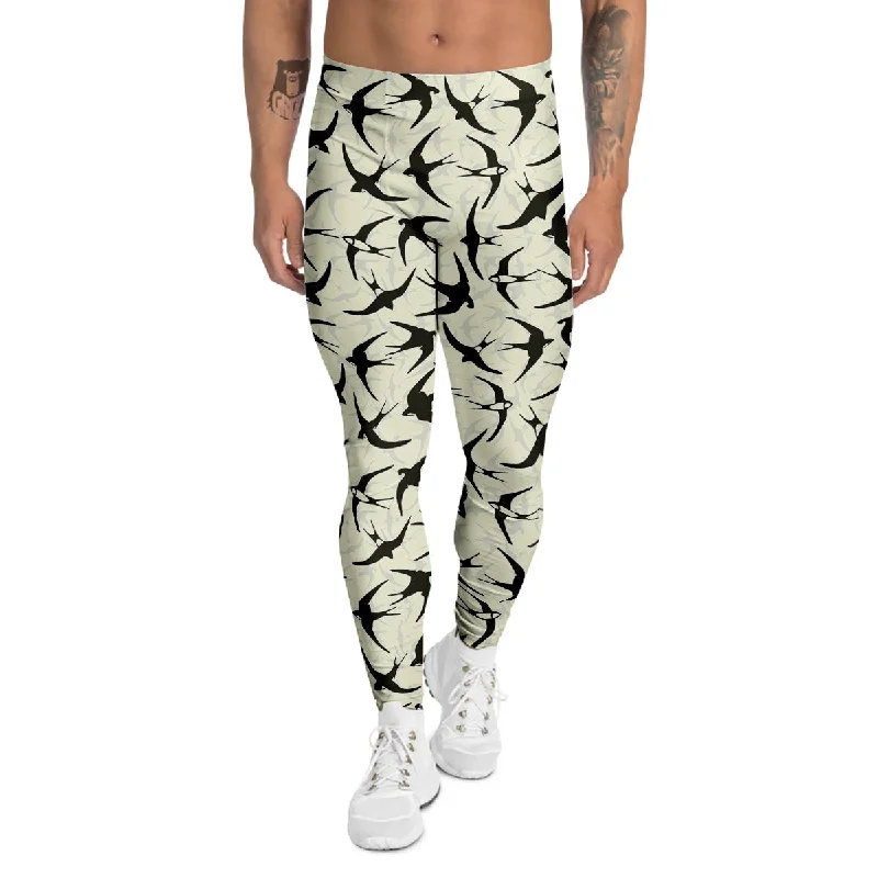 Seasonal Sale Black Swallow Vintage Print Pattern Men's Leggings
