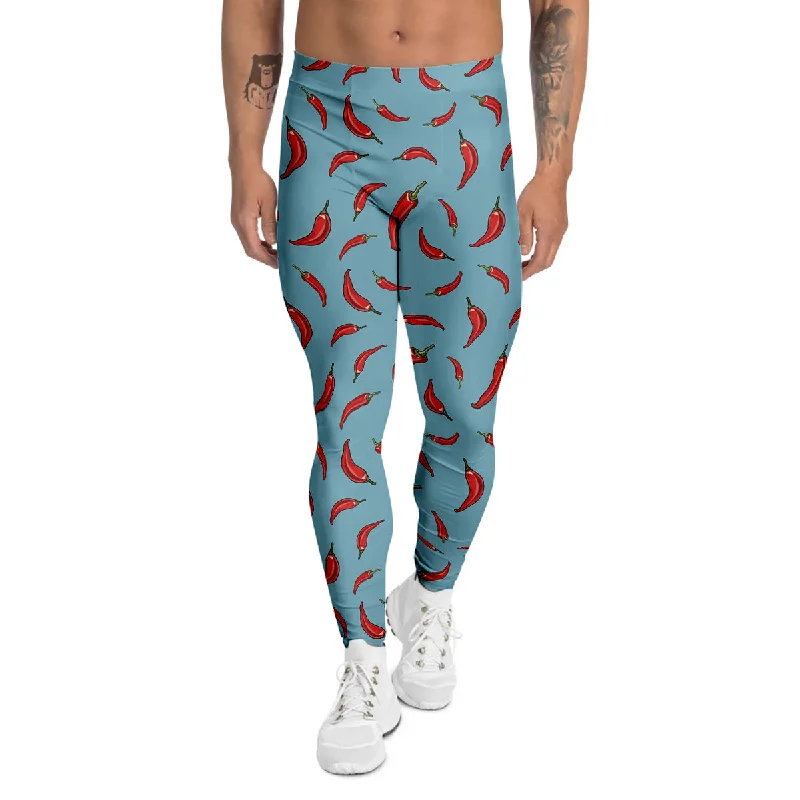 Super Sale Blue And Chili Pepper Print Pattern Men's Leggings